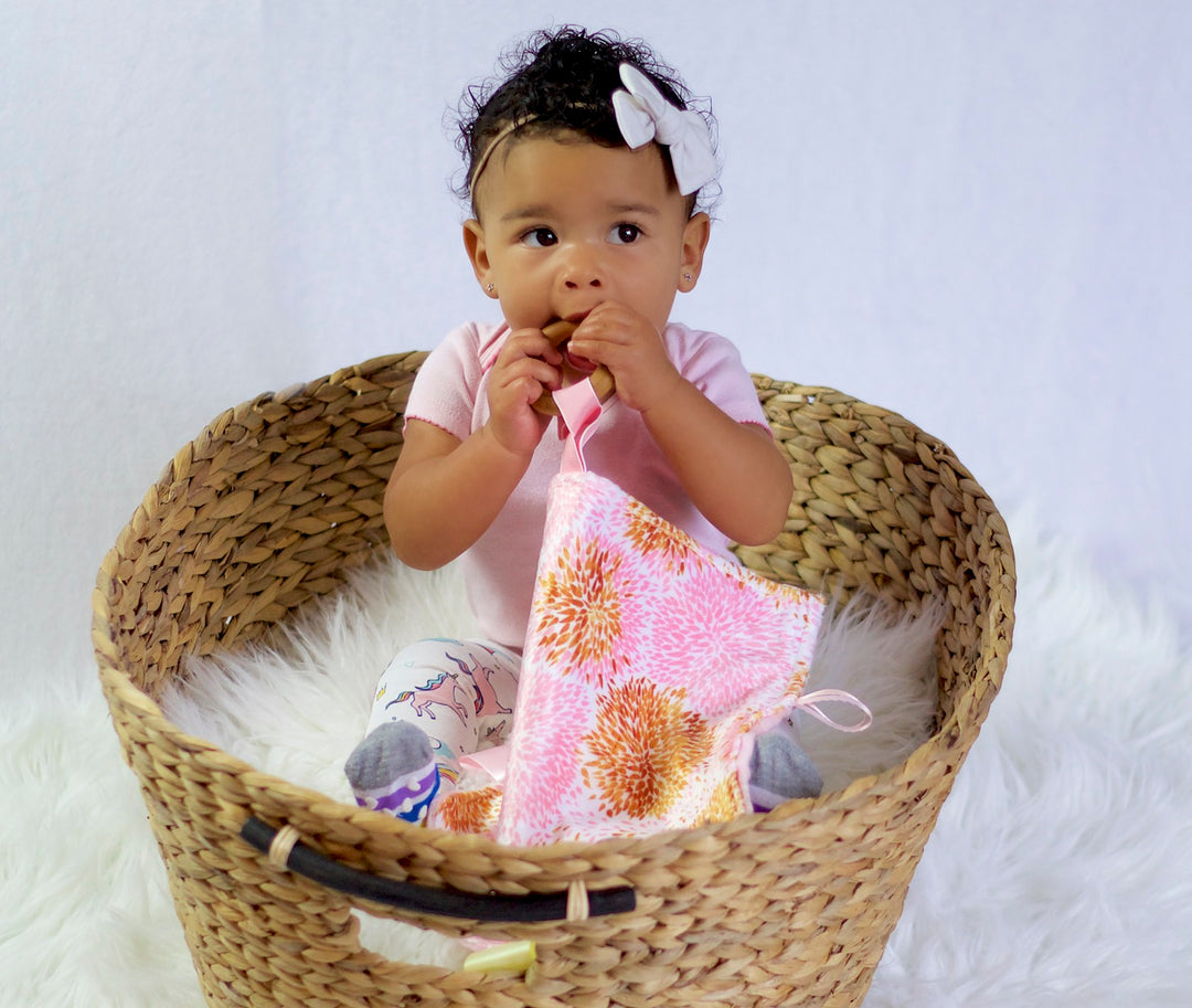 Pink and Gold Pom Pom Teething Blanket Sale Item
